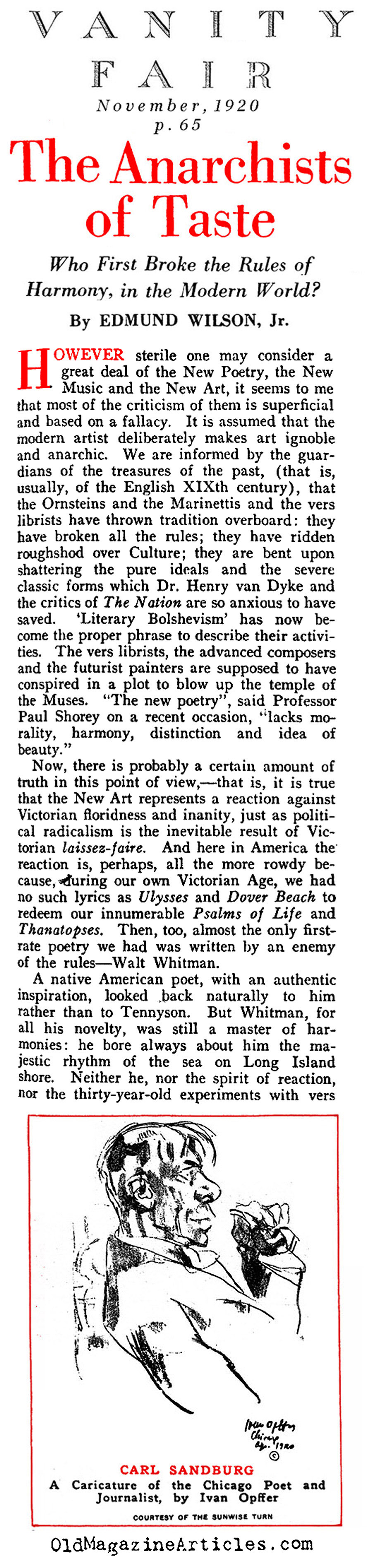 In Defense of Literary Rebels (Vanity Fair, 1920)